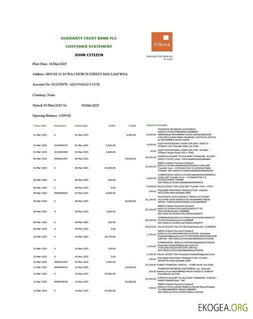 Nigéria Guaranty Trust Bank Plc Relevé de compte Modèle Word et PDF, version 2